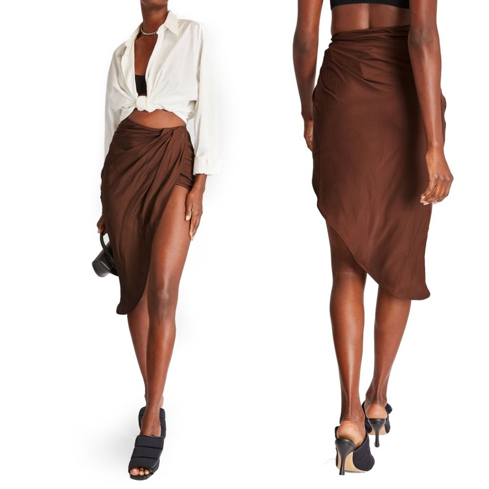 Gauge 81 chocolate brown silk wrap style Paita high slit midi skirt